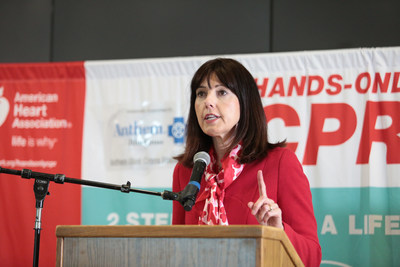Kathy Rogers, American Heart Association Executive Vice President for the Western States region, delivers remarks at Oakland International Airport where two American Heart Association Hands-Only CPR training kiosks debuted. A kiosk supported by Anthem Blue Cross Foundation is located near Gate 8, Terminal 1. The second kiosk supported by Chevron Corporation is near Gate 27, Terminal 2.