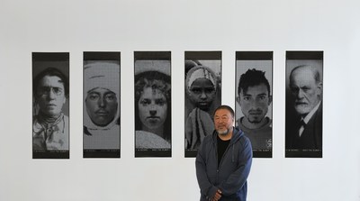 Artist Ai Weiwei with artworks: Banner 51, Banner 2, Banner 13, Banner 200, Banner 90, Banner 50; CNC laser cut vinyl 17