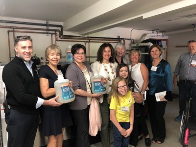(l-r) Joshua Mayor, Camp Korey Director; Sue Colbourne, Vice President, Board of Directors; Mount Vernon Mayor Jill Boudreau; Kelly Vlahakis-Hanks, President and CEO of Earth Friendly Products; Norma Smith, Washington State Representative; Cassidy Huff, a 7-time camper (yellow shirt); Mackenna Schwab, also a 7-time camper (black and white striped shirt); Sydney Jackson and Cindee Hyde, Co-Vice President of Sales, Earth Friendly Products; inside the new the ECOS™ Laundry Room at the brand-new Camp Korey facility in Mt. Vernon, WA, a summer camp for kids who face major medical conditions. Camp Korey and Earth Friendly Products®, maker of the number one selling green laundry detergent in the U.S., joined together to build the ECOS™ Laundry Room to support the health of the camp-goers. Earth Friendly Products makes its green cleaning products in Lacey, Washington, and three other sustainable facilities nationwide. The new Camp Korey opened with a ribbon-cutting ceremony with local dignitaries on Saturday June 2, 2018. More on young girls pictured here; Cassidy Huff (yellow shirt) and Mackenna Schwab (black and white shirt), are going into their 7th year of camp. Mackenna, from Wenatchee, Washington, started her own foundation, raising $50,000 for Camp Korey. Cassidy, from Burien, Washington, is a budding professional singer with aspirations to perform on Broadway. Cassidy has raised $100,000 for Camp Korey and $1,000,000 for Seattle Children’s Hospital. She has had 42 surgeries in her life.