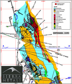 Sierra Metals deepest drilling results of 1.7 km yields high grade results and confirms new mineralized zone including 120g/t Au, 0.85% Pb, 0.01% Cu, 7.78% Zn, 0.34g/t Au over 2.9 meters between the Esperanza and Cuye Zones at Yauricocha Mine, Peru