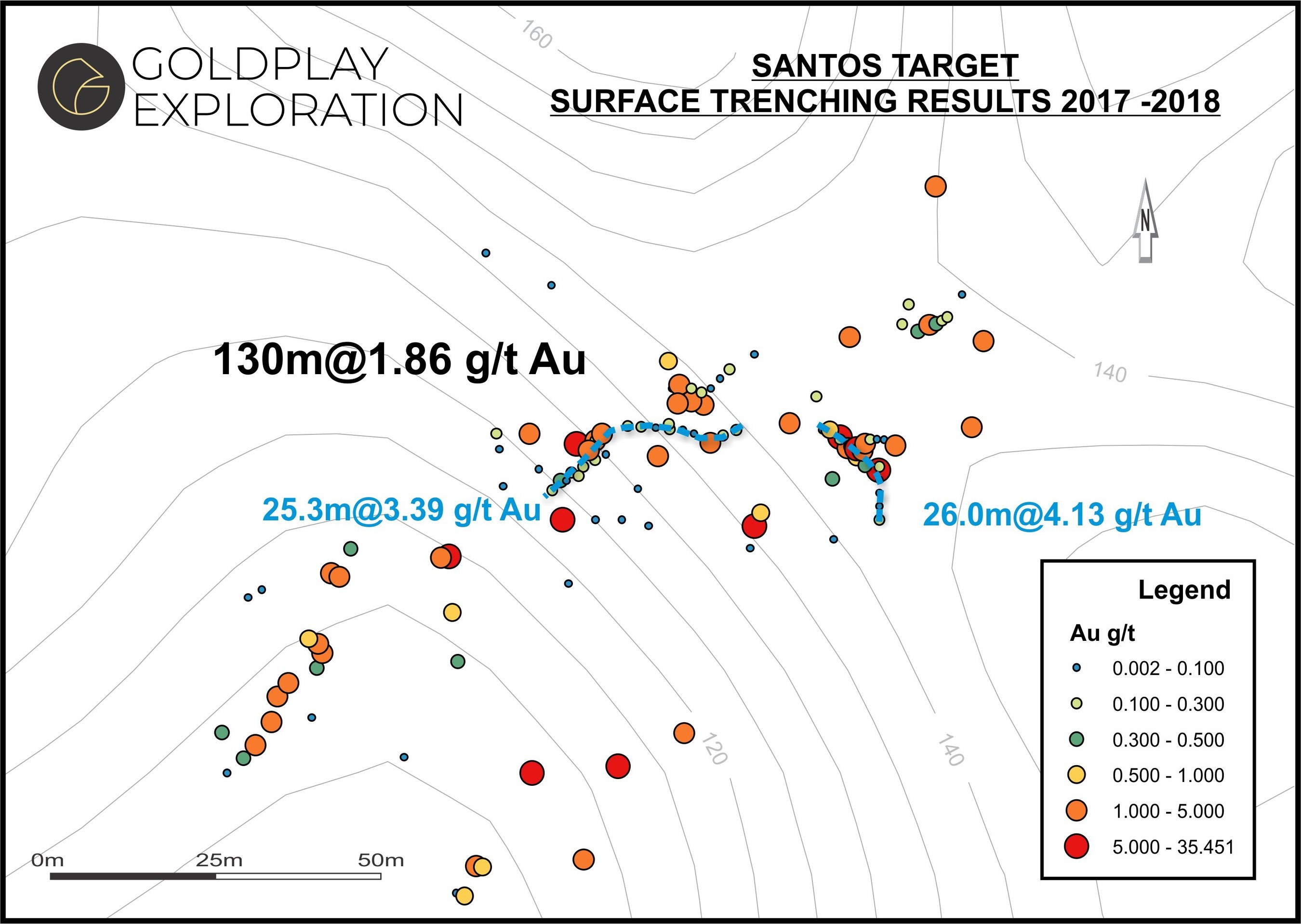 Figure 02- Santos Map – Location of Samples & Results (CNW Group/Goldplay Exploration Ltd)