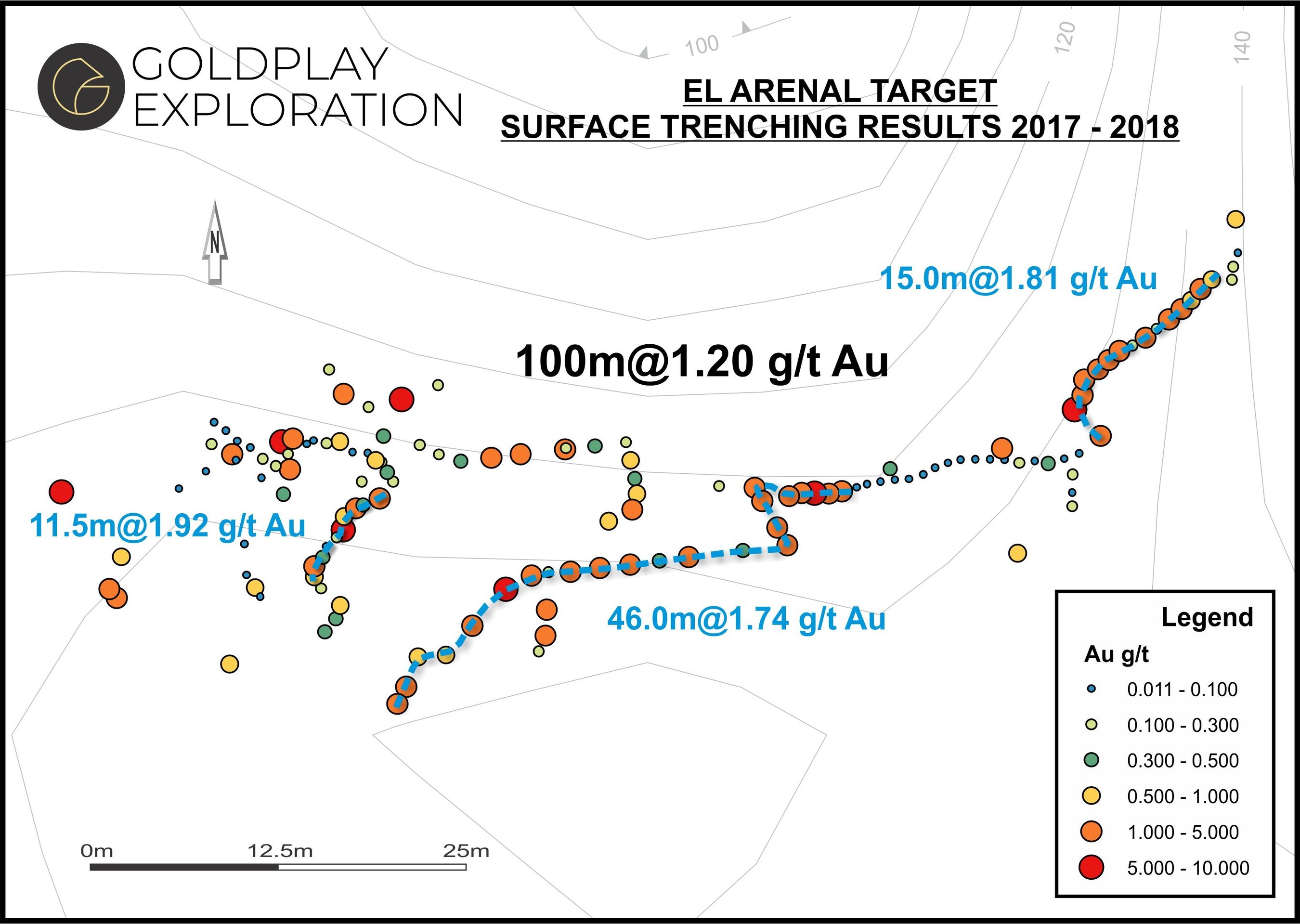 Figure 04- Arenal Map – Location of Samples & Results (CNW Group/Goldplay Exploration Ltd)