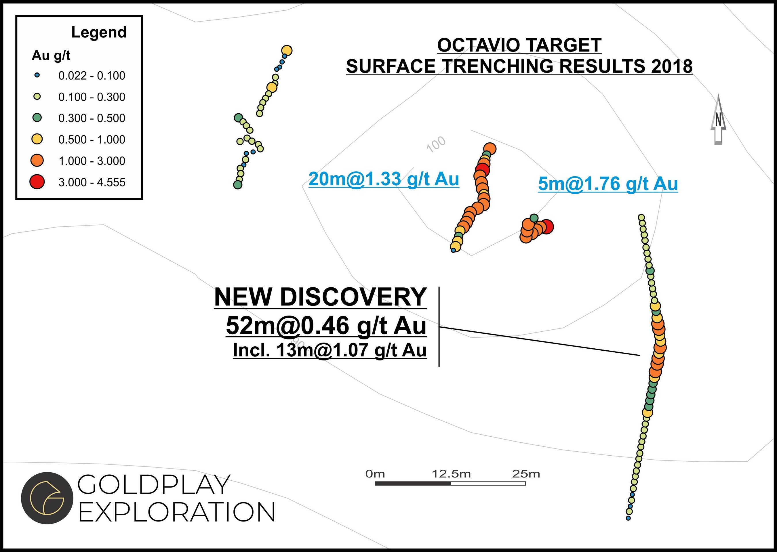 Figure 05- Octavio Map – Location of Samples & Results (CNW Group/Goldplay Exploration Ltd)