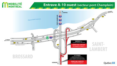 Entrave A- 10 ouest (secteur pont Champlain) (Groupe CNW/Ministère des Transports, de la Mobilité durable et de l'Électrification des transports)