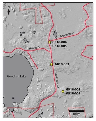 Figure 1. Diamond drill hole location on Goodfish Patents with LiDAR base map. (CNW Group/War Eagle Mining Company Inc)