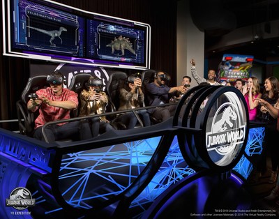 In Jurassic World VR Expedition, up to four people at a time put on an HTC VIVE headset and enter the Dave & Buster’s state-of-the-art VR motion simulator, where they will be transported into what remains of Jurassic World for a five-minute suspenseful, awe-inspiring expedition. There, they will rescue dinosaurs that were freely roaming Isla Nublar at the end of the last chapter of Jurassic World.