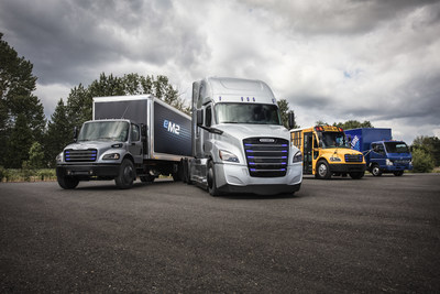 Daimler Trucks’ line-up of commercial electric vehicles (from left to right): Freightliner eM2, Freightliner eCascadia, Thomas Built Buses Saf-T-Liner C2 Jouley, FUSO eCanter