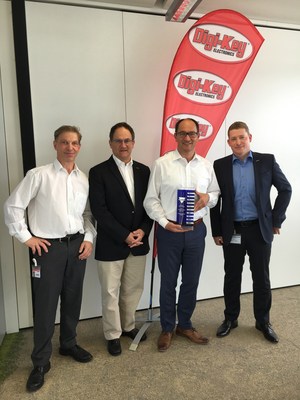 Philippe Masson and Joachim Malzer of Vishay Present the 2017 European Catalog Distributor of the Year Award to Werner Freibauer and Hermann Reiter of Digi-Key