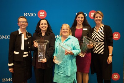 Janet Peddigrew, Senior Vice President and Managing Director, Ontario Region, BMO Private Banking; Cristiane Thé – BMO Celebrating Women 2018 Innovation & Global Growth Honouree – Kitchener; Dianne Moser – BMO Celebrating Women 2018 Community & Charitable Giving Honouree – Kitchener; Chloe Hamilton – BMO Celebrating Women 2018 Expansion & Growth in Small Business – Kitchener; Julie Barker-Merz, Senior Vice President, South Western Ontario Division, BMO Bank of Montreal. (CNW Group/BMO Financial Group)