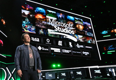 Phil Spencer, Head of Gaming at Microsoft, onstage at Xbox E3 2018 Briefing where Microsoft added five more creative teams to the Microsoft Studios family on Sunday, June 10, 2018 in Los Angeles. (Photo by Casey Rodgers/Invision for Microsoft/AP Images)