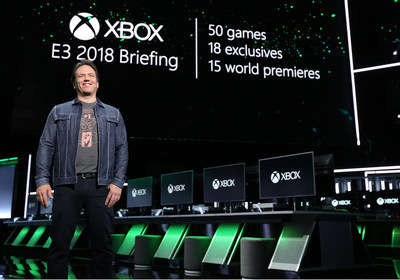 Phil Spencer, Head of Gaming at Microsoft, onstage at Xbox E3 2018 Briefing where Microsoft showcased more than 50 games, including 18 exclusives and 15 world premieres at Microsoft Theater on Sunday, June 10, 2018 in Los Angeles. (Photo by Casey Rodgers/Invision for Microsoft/AP Images)
