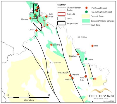 Figure 1: The Bistrice exploration license shown with simplified geology of Kosovo and the mineral deposits of the 'Trepca' mining district. Sources: www.kosovo-mining.org and internal company data. (CNW Group/Tethyan Resources PLC)