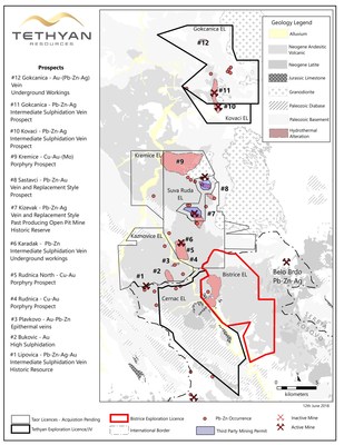 Figure 2: The Bistrice exploration license and other Tethyan exploration licenses shown over the local geology and mineral occurrences of the northern 'Trepca' mining district. (CNW Group/Tethyan Resources PLC)