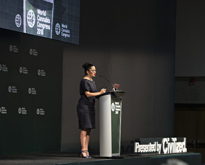 Giadha Aguirre De Carcer, Founder and CEO of New Frontier Data, delivers a key note address to over 400 delegates attending the World Cannabis Conference, presented by Civilized in Saint John, New Brunswick, Canada (CNW Group/Civilized Worldwide Inc. (Civilized))