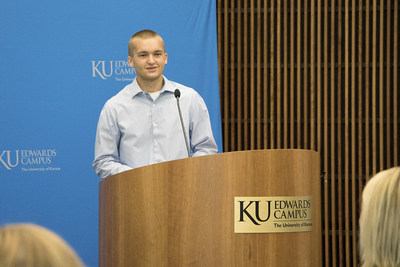 Eric Fecteau, a 2017 graduate from Blue Valley West and Degree in 3 student in the Bachelor of Business Administration program, shared with the crowd the importance of this program for area students and how it will change his life and the lives of others.