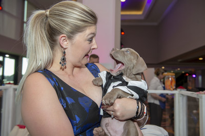 Guest at the 2018 Petco Foundation Awards Gala with an adoptable puppy from the San Diego Humane Society.