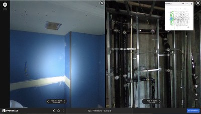 OpenSpace AI split screen feature compares a job site's ground truth by date.