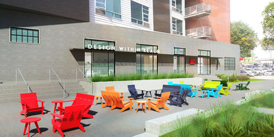 The exterior of the DWR Nashville Studio features outdoor seating by Loll Designs. Rendering courtesy of DFA, Design Within Reach Studio Designers.