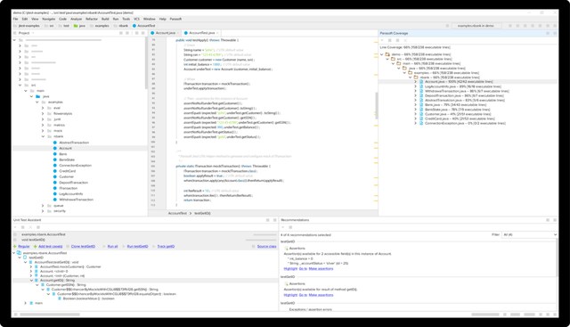 Parasoft Jtest in action, with the Unit Test Assistant view at the bottom, which helps you create, execute, and debug unit test in real time, the Recommendations view, which recommends ways to improve your tests, and the Coverage view, which helps you identify gaps in code coverage based on executed tests.