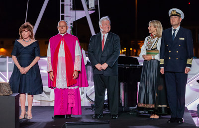 Left to right: Dr. Anna Fisher, ceremonial godmother to Viking Orion, Monsignor Liberio Andreatta, Viking Chairman Torstein Hagen, Senior Vice President of Viking Karine Hagen, and  Viking Orion Captain Anders Steen, at Viking Orion’s naming ceremony in Italy. For more information, visit www.vikingcruises.com