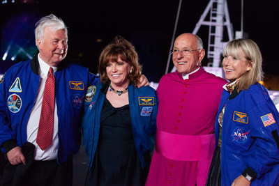 Left to right: Viking Chairman Torstein Hagen, Dr. Anna Fisher, retired NASA astronaut and ceremonial godmother to Viking Orion, Monsignor Liberio Andreatta, and Senior Vice President of Viking, Karine Hagen, at the naming ceremony for Viking's fifth ocean ship. For more information, visit www.vikingcruises.com