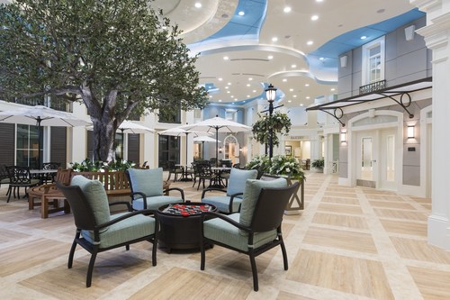 Market Street Memory Care Residence Palm Coast offers an extraordinary central gathering space coined 'Market Plaza' with an Art Gallery, Bakery, Salon and Spa, Newsstand and Post Office caringly designed to welcome family and friends.