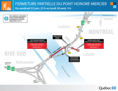 Pont Honor-Mercier entre Montral et Kahnawake - Fermeture partielle du pont du 22 juin au 20 aot 2018 (Groupe CNW/Ministre des Transports, de la Mobilit durable et de l'lectrification des transports)