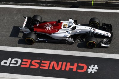 The Alfa Romeo Sauber F1 Team's C37 - integrated parts created with the help of 3D Systems SLA and SLS 3D printing solutions - on the track at the 2018 FIA Formula 1 Chinese Grand Prix