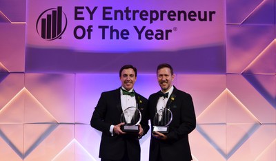 StreetShares co-founders Mark L. Rockefeller (CEO) and Mickey Konson (COO) accepting the Entrepreneur Of The Year 2018 Award in the financial services category in the Mid-Atlantic region.