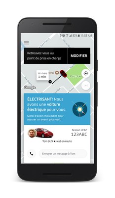 Screenshot of an UberLECTRIQUE ride in Montreal (CNW Group/Uber Canada Inc.)
