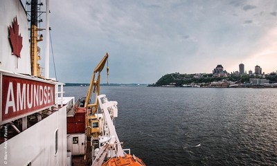 View from the deck of the CCGS Amundsen as it departed Quebec City for BaySys (Hudson Bay System) Study on May 25. Credit:  Marc-Andr Pauz (CNW Group/Fisheries and Oceans Central & Arctic Region)