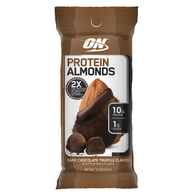 New Optimum Nutrition Protein Almonds come in Dark Chocolate Truffle, Cinnamon Roll and Chocolate Jalapeno flavors. Each pack is just 190-220 calories and provides 10 grams of protein – two times the protein of regular coated almonds.