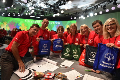 Astellas employees create bags to be used at upcoming Special Olympics of Southern California summer games.