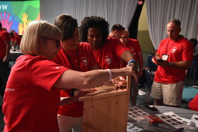 Astellas employees construct nesting boxes for birds and bats displaced by recent fires in Southern California.