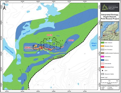 Exhibit B. A geological map of Argyle and surrounding area highlighting the strike of the deposit and the potential to expand in all directions. Exploration efforts will focus on a geophysical survey east of the current deposit followed by drilling to expand the deposit. (CNW Group/Anaconda Mining Inc.)