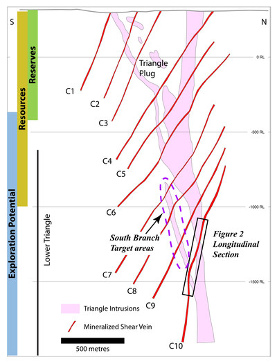 Figure 2: Schematic north-south cross section through the Triangle deposit, showing the positions of the newly-defined lower zones (C8, C9, C10) and locations of longitudinal section through the C10 zone (shown in Figure 3).  Many of the highest grade times thickness values from recent drilling occur in the south branch target area. (CNW Group/Eldorado Gold Corporation)