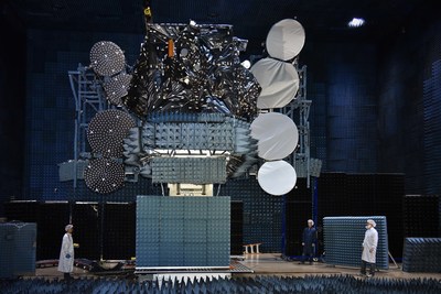 Telstar 19 VANTAGE shown in antenna testing at SSL in Palo Alto, Calif, before it was shipped to launch base. (CNW Group/Maxar Technologies Ltd.)