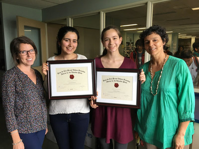 Recipients Isabelle Strang and Sarah Bahreinian of the Bloor Collegiate Institute Women's Empowerment Club with Leela Acharya and Danielle Buchner, WEC staff support. (CNW Group/White Ribbon Campaign)