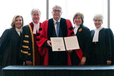 Members of the judiciary and the Law Society of Ontario congratulate University of Windsor Law Professor Bruce Elman (centre) on receiving an honorary LLD from the Law Society at the London Call to the Bar ceremony on June 20. Professor Elman received the honour in recognition of his distinguished academic career and his renowned teaching abilities and educational leadership. He was also recognized for his immense contributions to the legal profession as a whole. From left to right, are: Law Society Bencher Catherine Strosberg; Law Society Treasurer Paul Schabas; Professor Elman; Justice Lynne Leitch, Superior Court of Justice, Southwest Region-Middlesex County; and Law Society Ex-Officio Bencher Heather Ross. (CNW Group/The Law Society of Ontario)