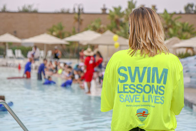 An instructor at Splash! La Mirada Waterpark oversees swimmers participating in the 9th Annual World's Largest Swimming Lesson which took place today, June 21st, to kick off the first day of summer. The 24-hour, global event helps spread the message Swimming Lessons Save Lives to families and children in 29 countries on 6 continents. Organizers expect more than 45,000 swimmers.