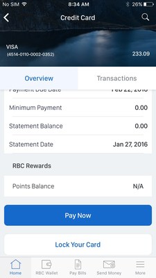 Credit card controls allows RBC Mobile clients to place or remove a temporary lock on their credit cards with a simple action. (CNW Group/RBC Royal Bank)