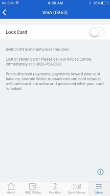 Credit card controls allows RBC Mobile clients to place or remove a temporary lock on their credit cards with a simple action. (CNW Group/RBC Royal Bank)