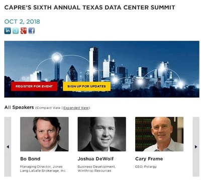 Advance Registration is Open for CAPRE's Sixth Annual Texas Data Center Summit on October 2 in Dallas: Join CAPRE and the most active data center/mission critical developers, investors, engineers, end-users and consultants for important discussion, debate and networking.