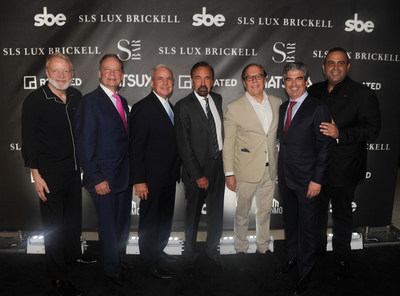 Glenn Pushelberg of design duo Yabu Pushelberg, Allen Morris Company Chairman and CEO Allen Morris , Mayor Carlos Giménez, The Related Group Founder and Chairman Jorge Pérez; Arquitectonica co-founding Principal Bernardo Fort-Brescia;  Carlos Rosso, President Condominium Division Related Group and Partners; and sbe Founder and CEO Sam Nazarian.