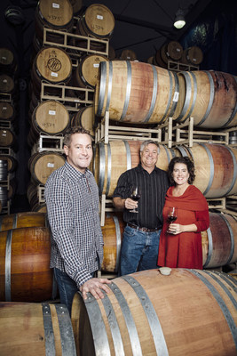 Winemaker Richard Batchelor with owners Craig and Vicki Leuthold. Photo credit Maryhill Winery.