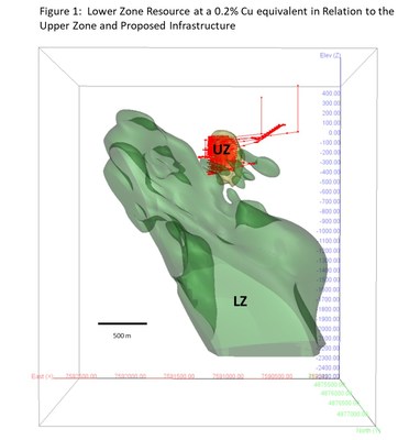 Figure 1: Lower Zone Resource at a 0.2% Cu equivalent in relation to the Upper Zone and Proposed Infrastructure (CNW Group/Nevsun Resources Ltd.)