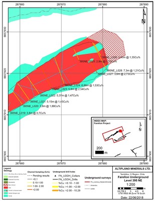Figure 3. Map of the NE395M level showing the wider zone and channel sampling results. (CNW Group/Altiplano Metals Inc.)