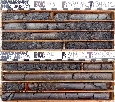 Figure 1.  Drill core from hole A18-129 
The interval from 339.4 to 351.3 metres grades 40 % zinc (red-brown colored sphalerite) (CNW Group/Tinka Resources Limited)