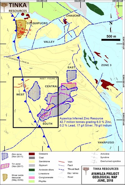 Figure 3.  Geological Map of Ayawilca showing footprint of zinc and tin resources (CNW Group/Tinka Resources Limited)