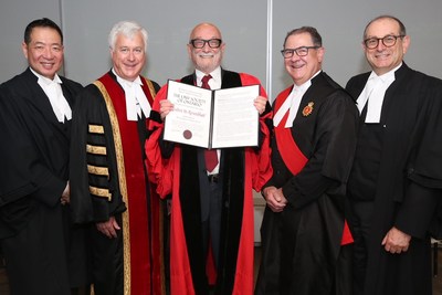 Members of the Bar and Bench congratulate Reuben Rosenblatt, Q.C., LSM (centre), on receiving an honorary LLD from the Law Society of Ontario (LSO) on June 27. He received the degree in recognition of his legendary accomplishments and his contributions to the real estate bar — and for his gift as a legal educator. Left to right: LSO Bencher Jeffrey Lem; LSO Treasurer Paul Schabas; The Honourable Geoffrey Morawetz, Regional Senior Judge, Toronto Region; and LSO Bencher Sidney Troister, LSM. (CNW Group/The Law Society of Ontario)